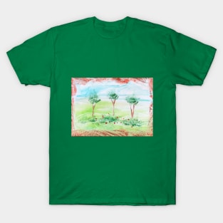 Summer landscape, trees and beautiful nature. Encaustic, art decoration, sketch T-Shirt